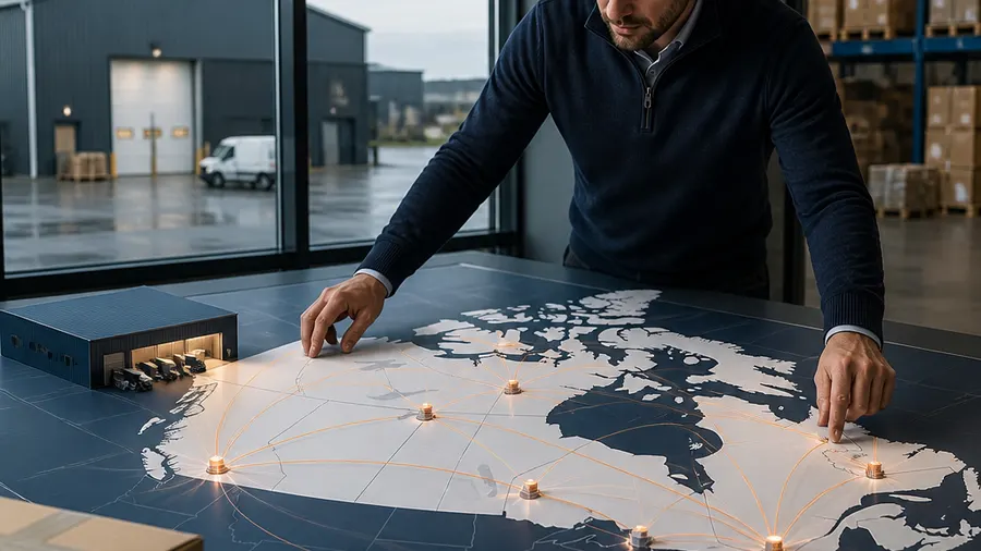 Logistics planner reviews a shipment map inside a Canadian warehouse