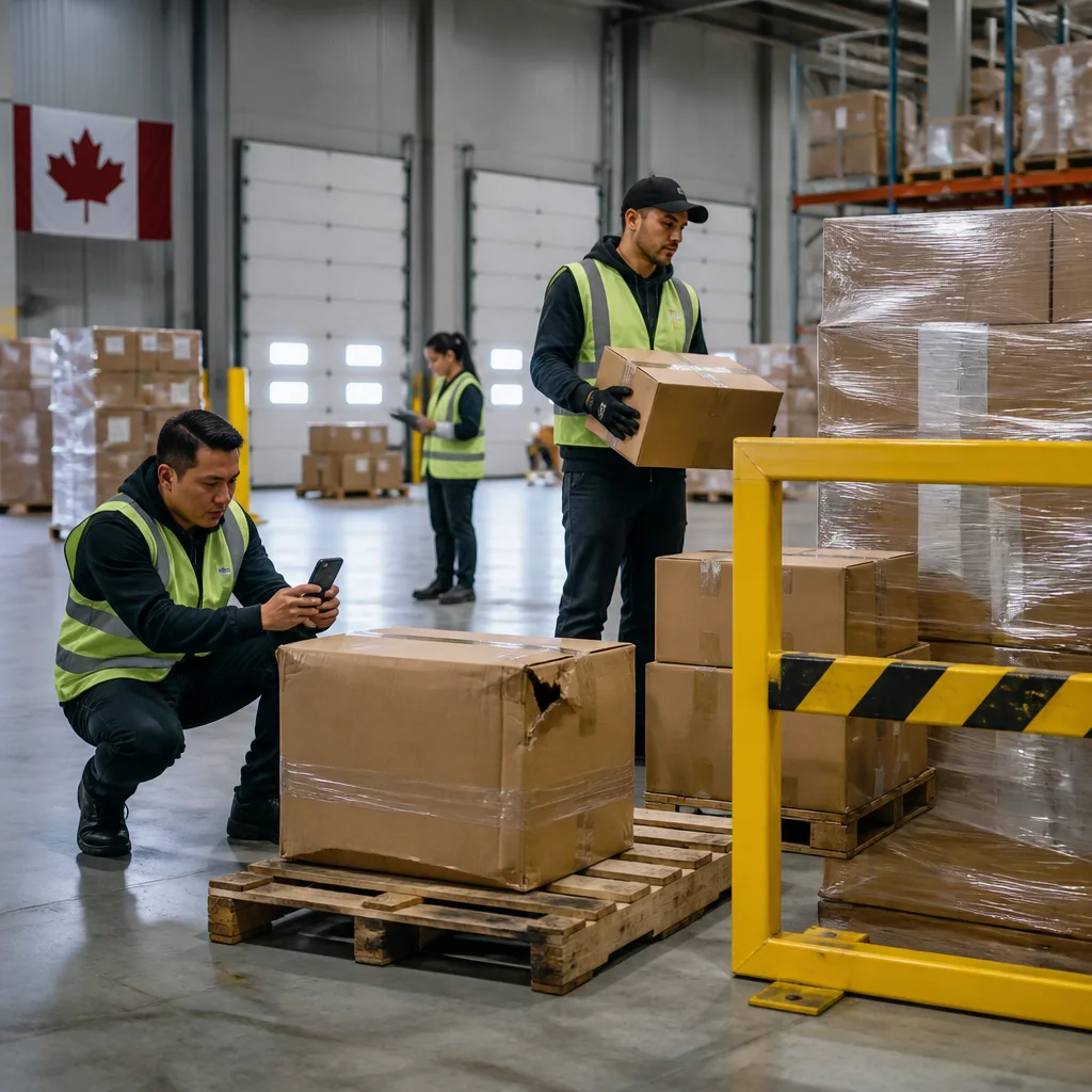 Warehouse operator documenting a receiving discrepancy on a Canadian 3PL pallet