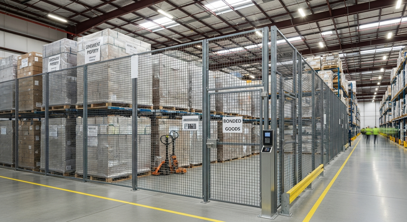 Interior of a customs bonded warehouse storing imported goods under CBSA control in Canada