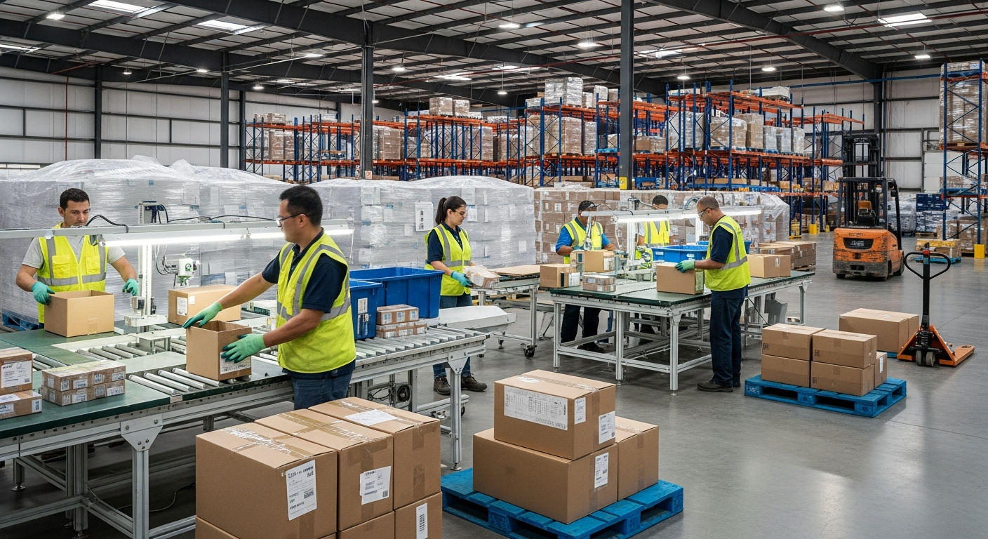 Workers breaking down bulk freight and repacking cases in an Ottawa warehouse