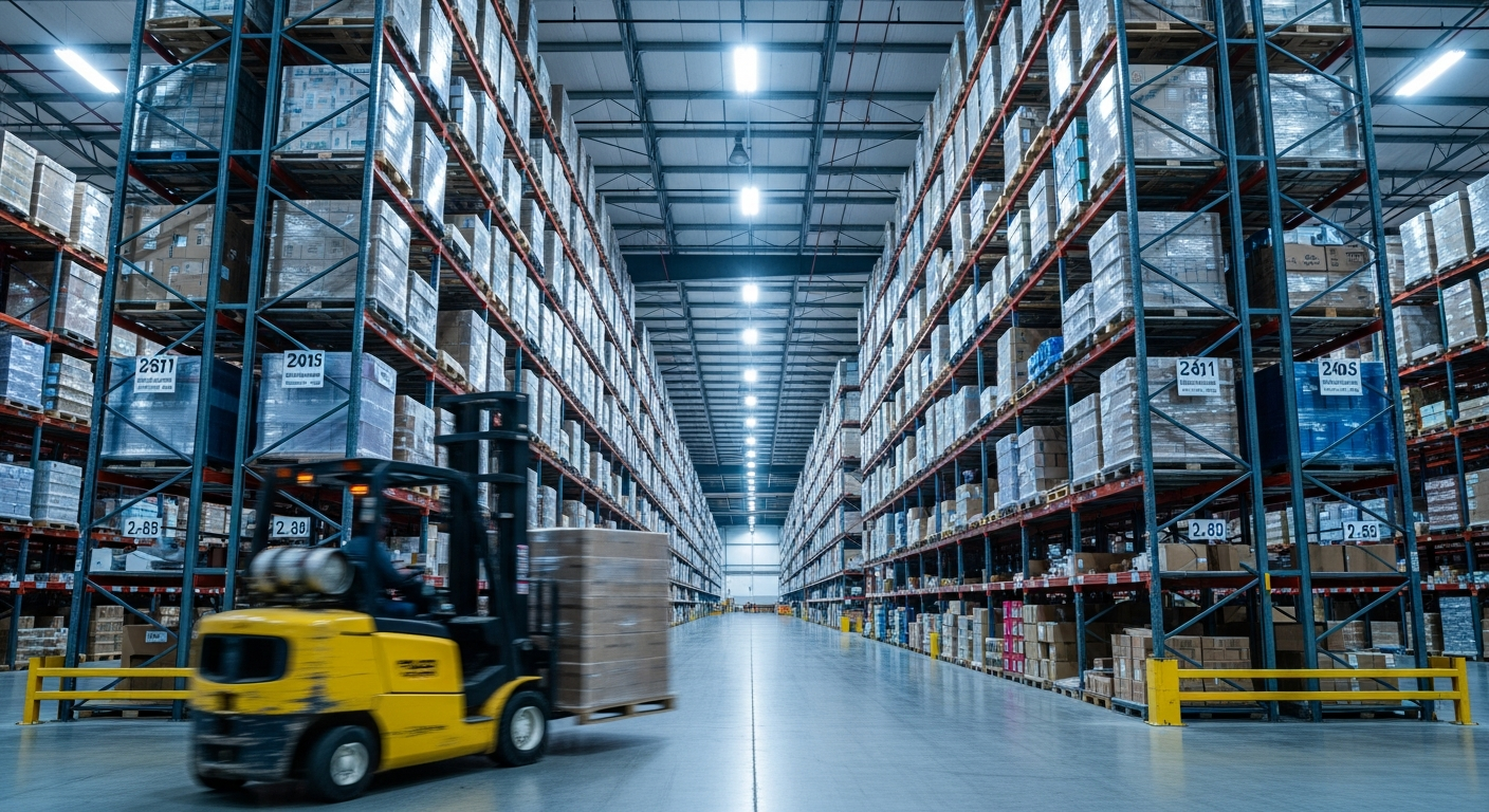 Warehouse staff conducting a cycle count of palletized inventory