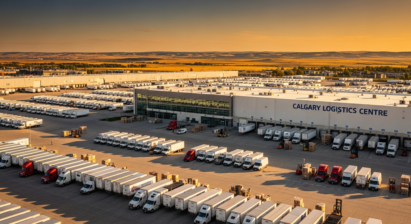 Long-haul truck near a Calgary distribution hub on the Trans-Canada Highway
