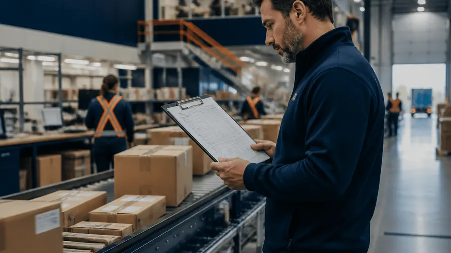 Warehouse operator reviewing shipment charges beside parcels moving on a conveyor