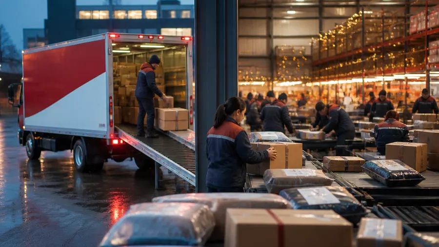 Holiday parcels move through a sorting facility beside a red-and-white unbranded delivery truck
