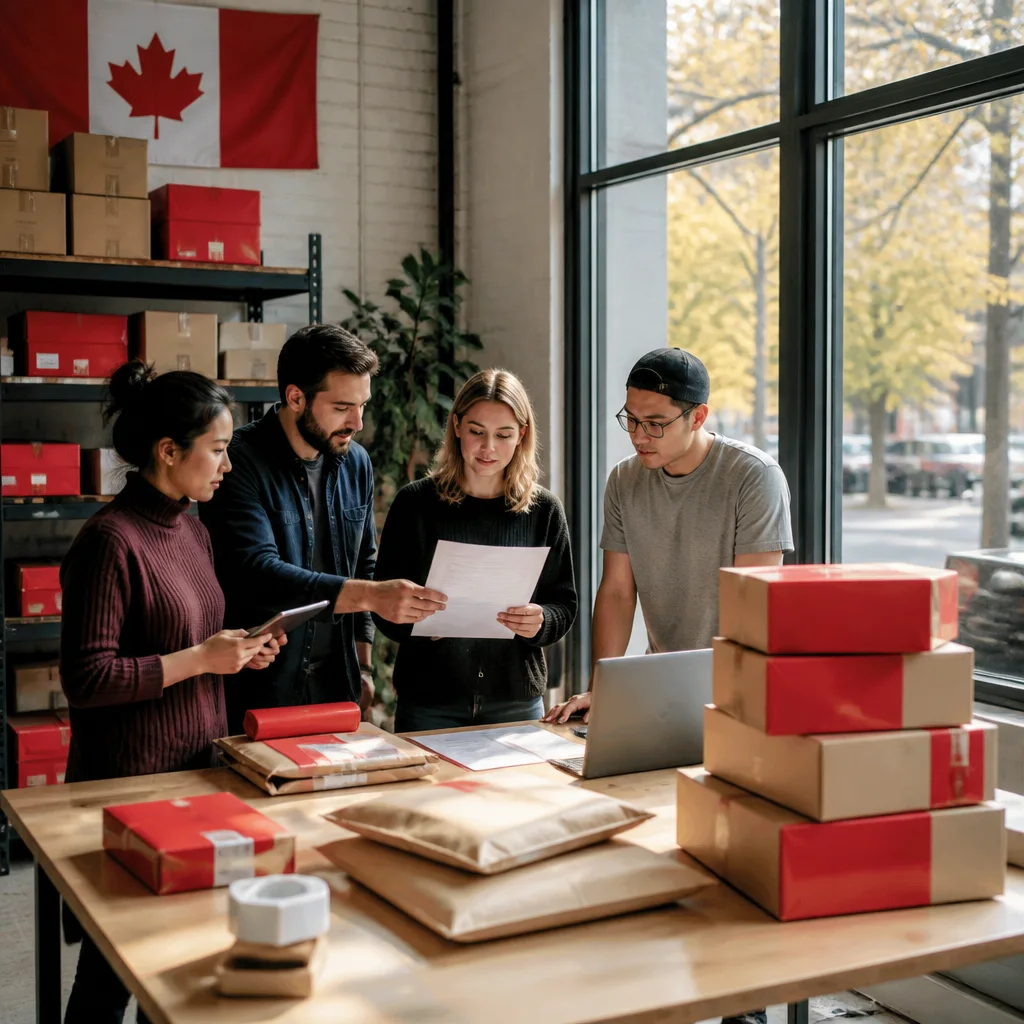 Ecommerce parcels being prepared for carrier comparison in a Canadian fulfillment warehouse