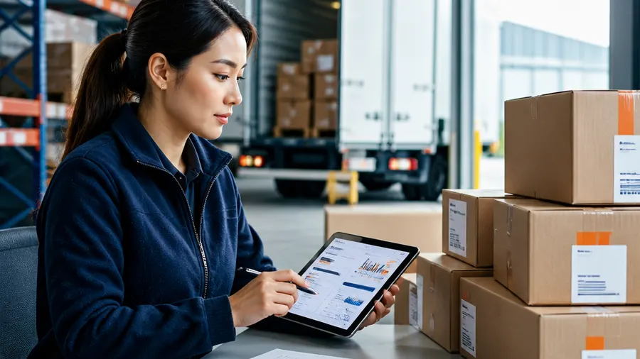 Shipping coordinator checks parcel data on a tablet beside prepared export cartons