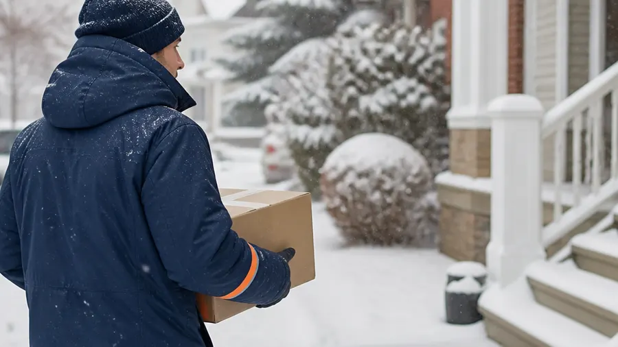 Delivery driver carries a parcel along a snow-covered Canadian residential street