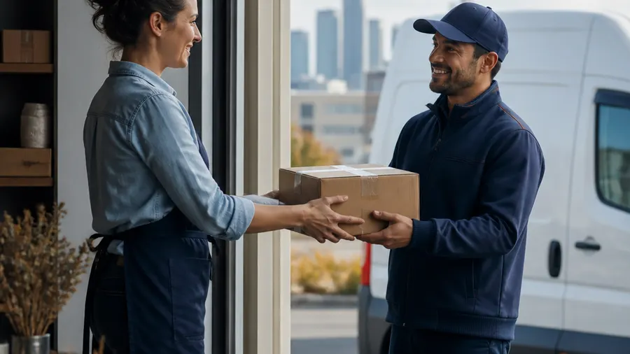 Warehouse associate reviews a courier shipment on a tablet beside sorted parcels