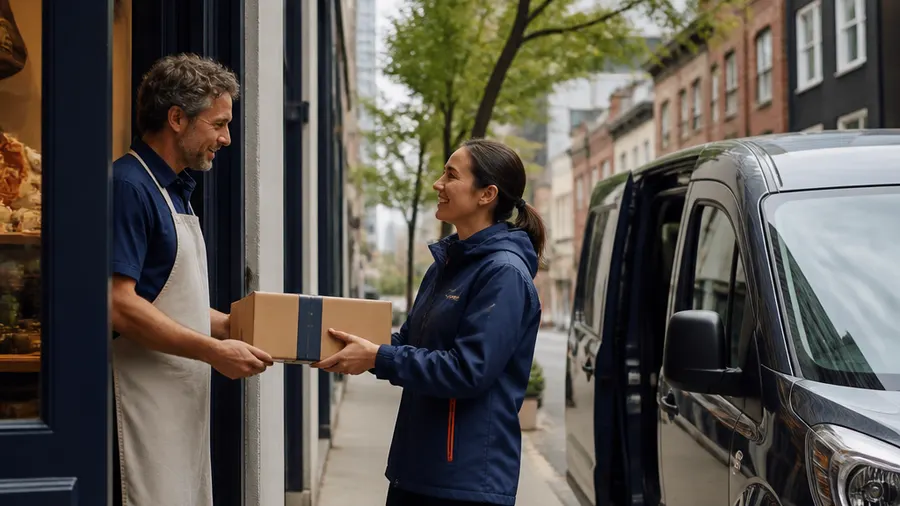 Local courier hands a parcel to a shop owner beside a city delivery van