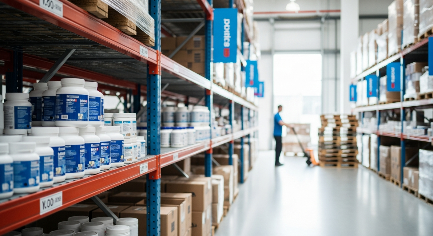 Canadian e-commerce fulfillment warehouse storing sports supplement and creatine powder containers on clean industrial shelving