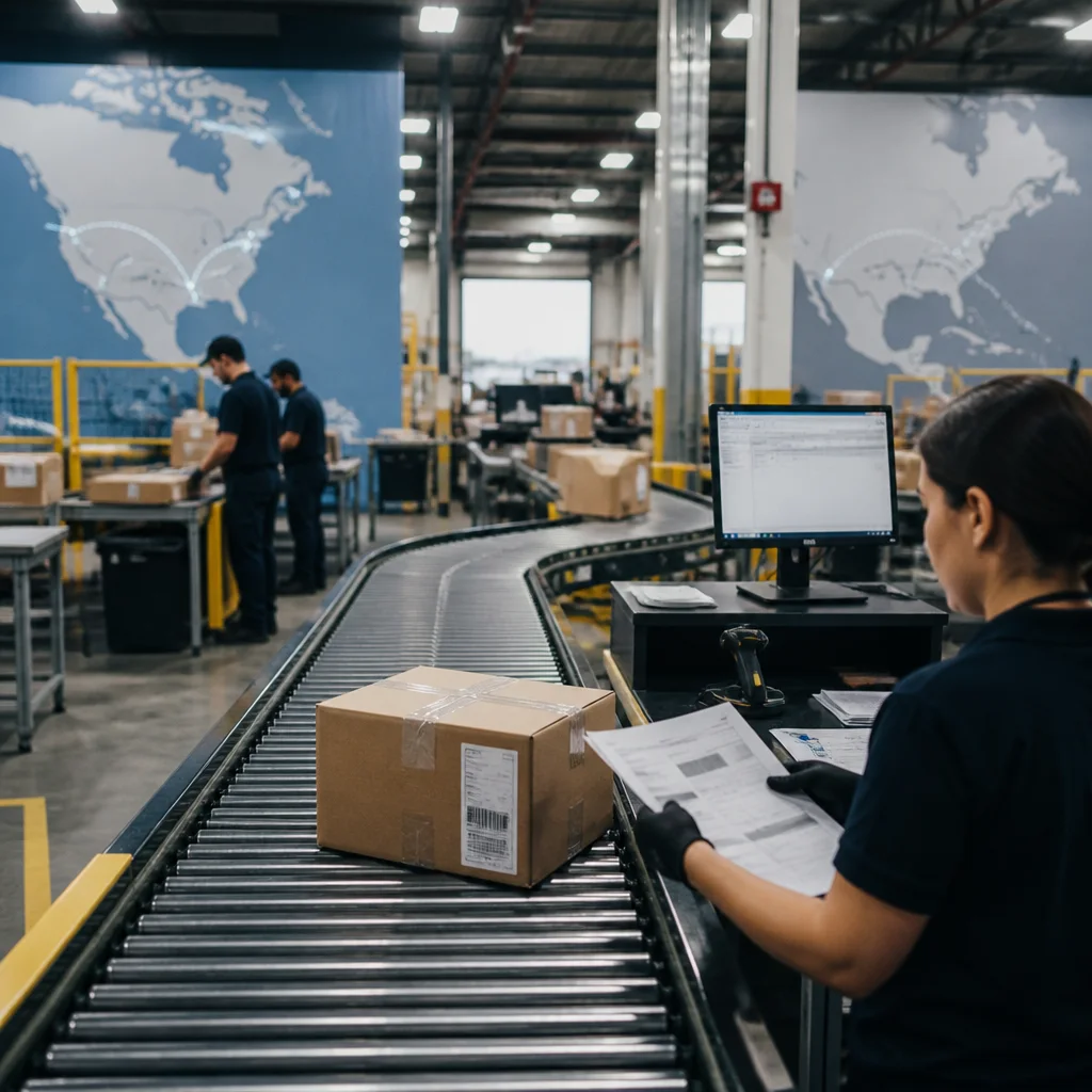 Warehouse associate organizing Canada–US ecommerce returns for inspection and disposition