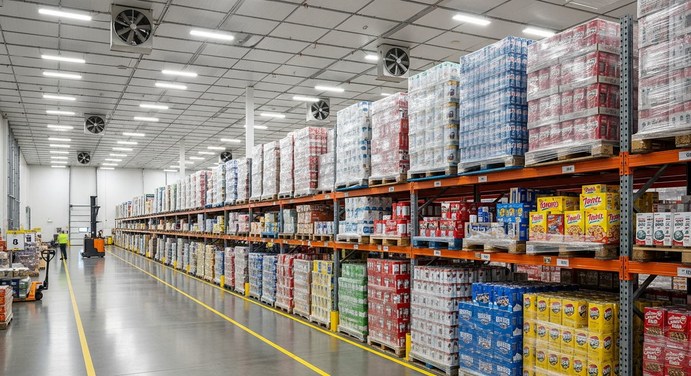 Refrigerated warehouse aisle with temperature-controlled inventory
