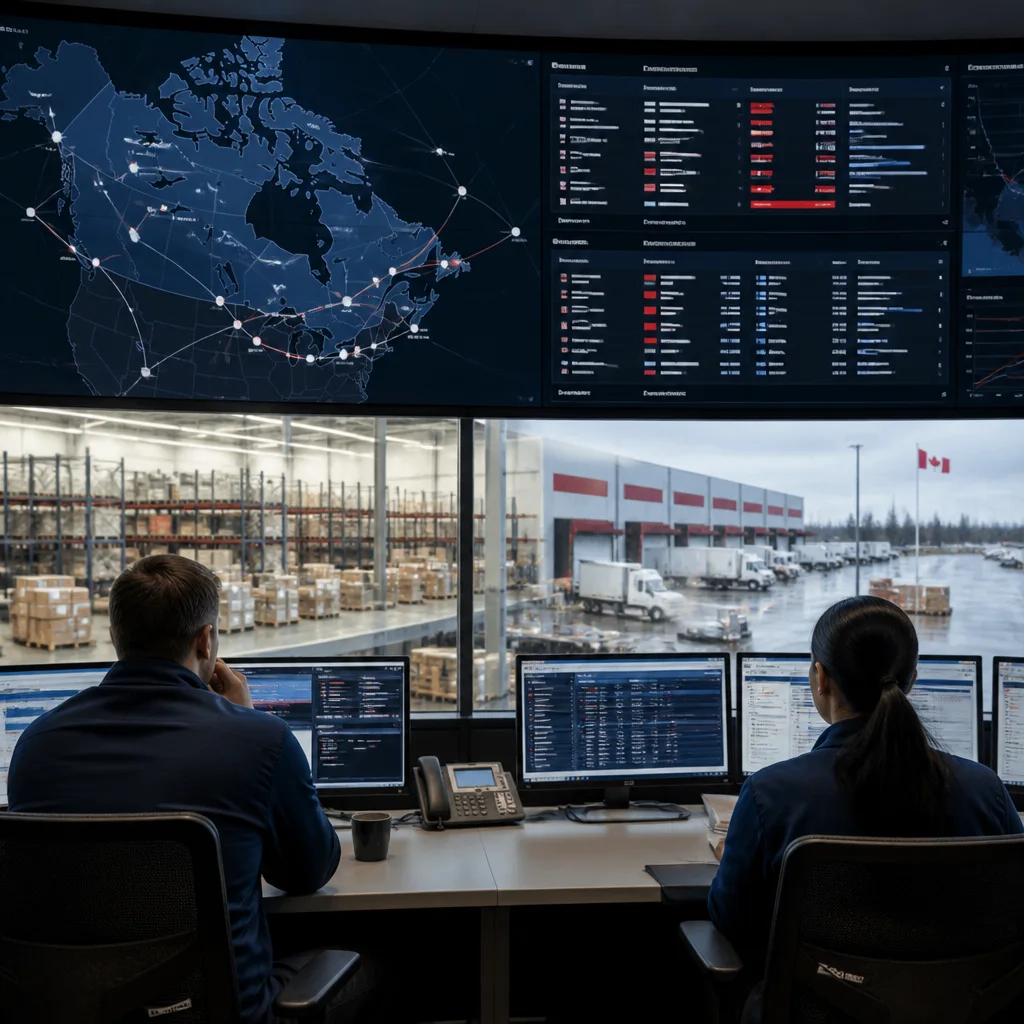 Operations team reviewing Canadian fulfillment orders inventory and carrier exceptions on a control tower dashboard