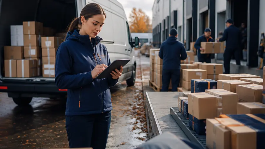 Warehouse operator checks outgoing parcels at a busy carrier loading dock