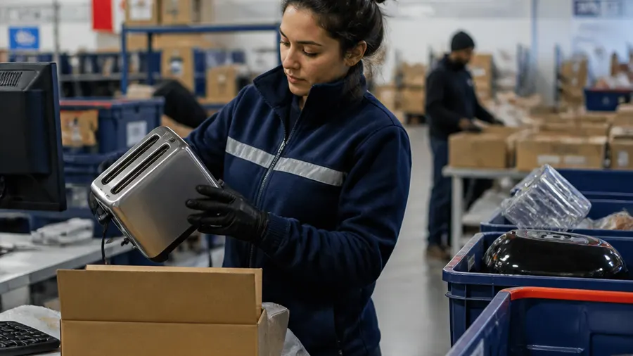 Warehouse associate inspects a returned small appliance at a returns processing station