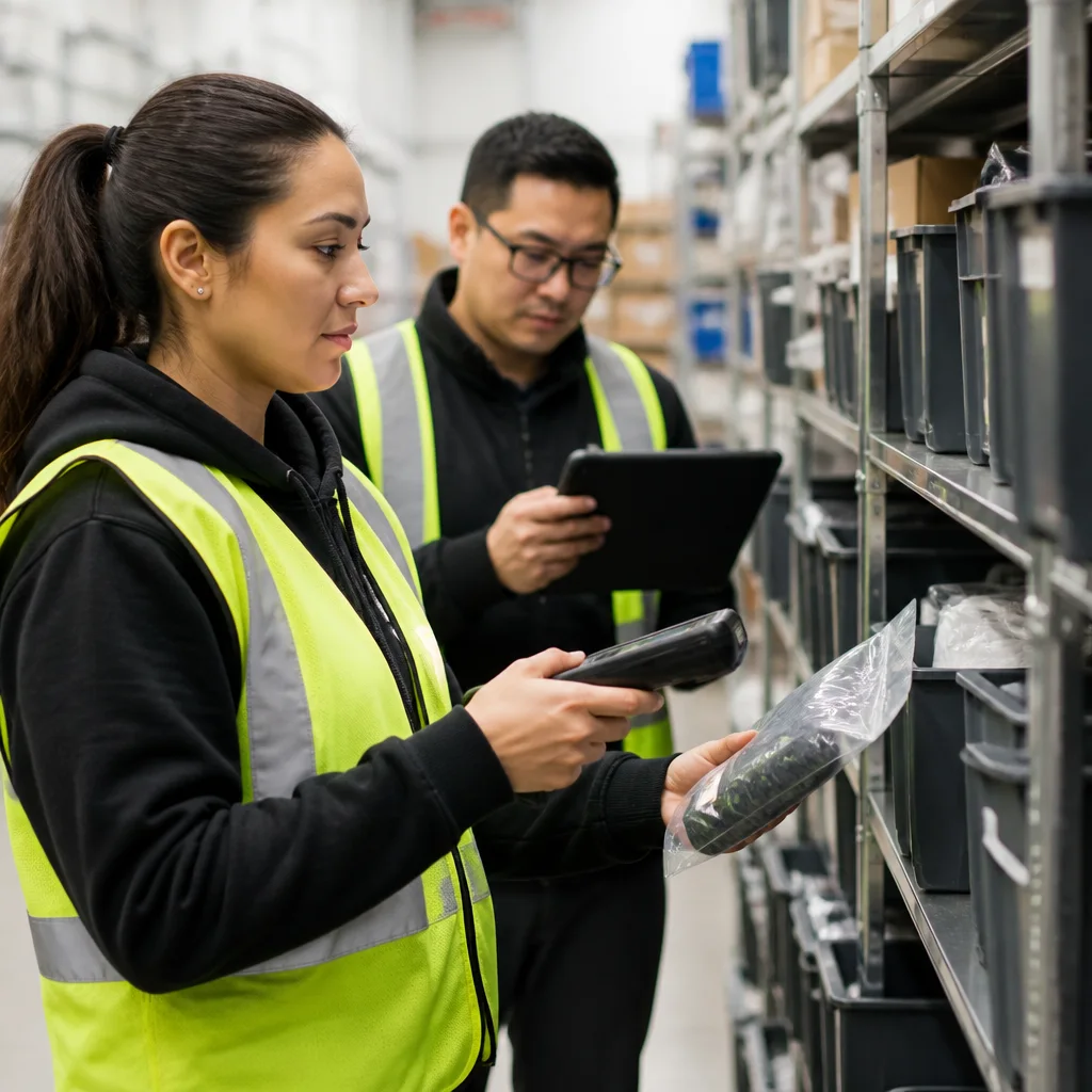 Warehouse operator reviewing reserved ecommerce inventory and order holds in Canada