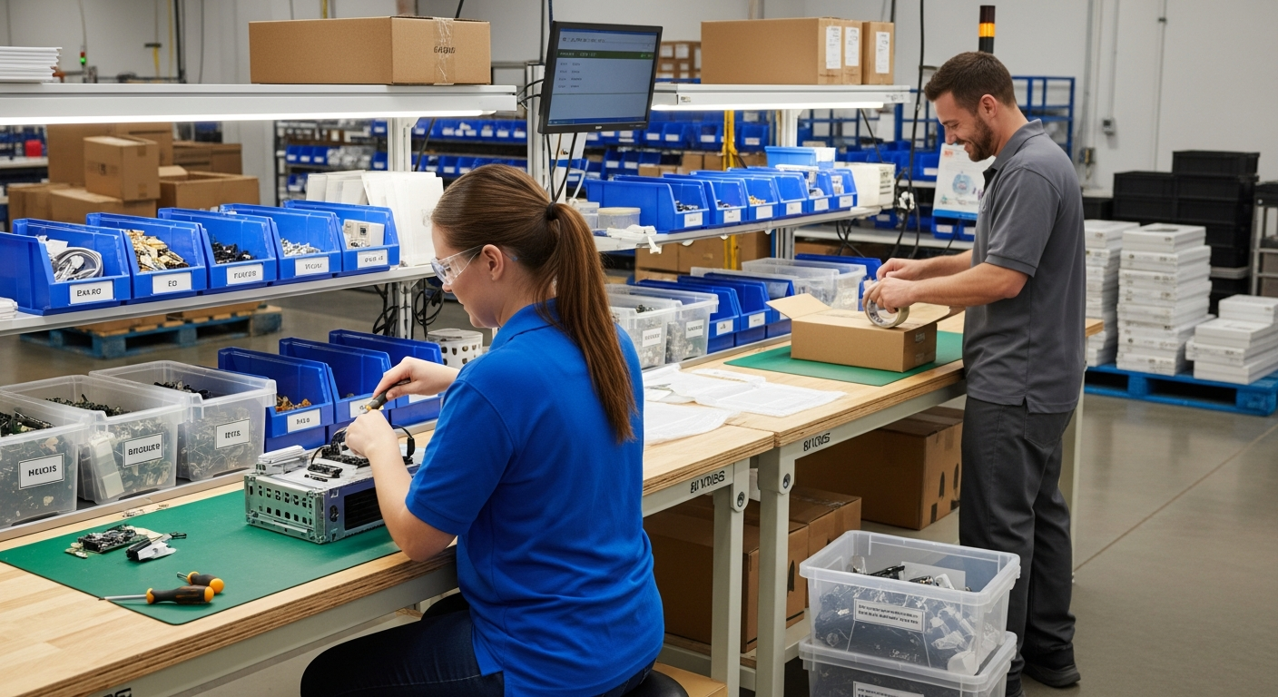 Warehouse team performing kitting and light assembly of multi-component product kits