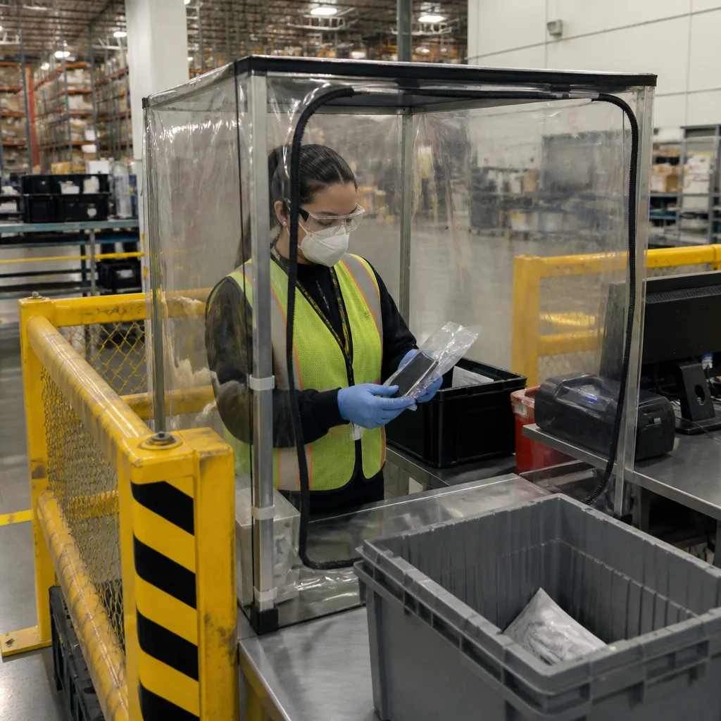 Warehouse associate isolating a returned lithium battery product for safe inspection