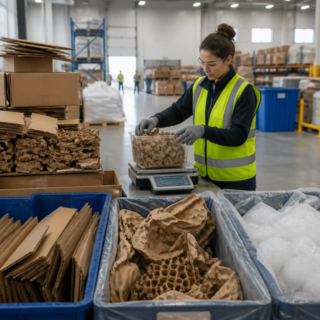 Warehouse team recording packaging materials and weights for Canadian EPR reporting