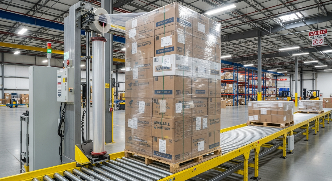 Wrapped pallets staged for LTL freight pickup