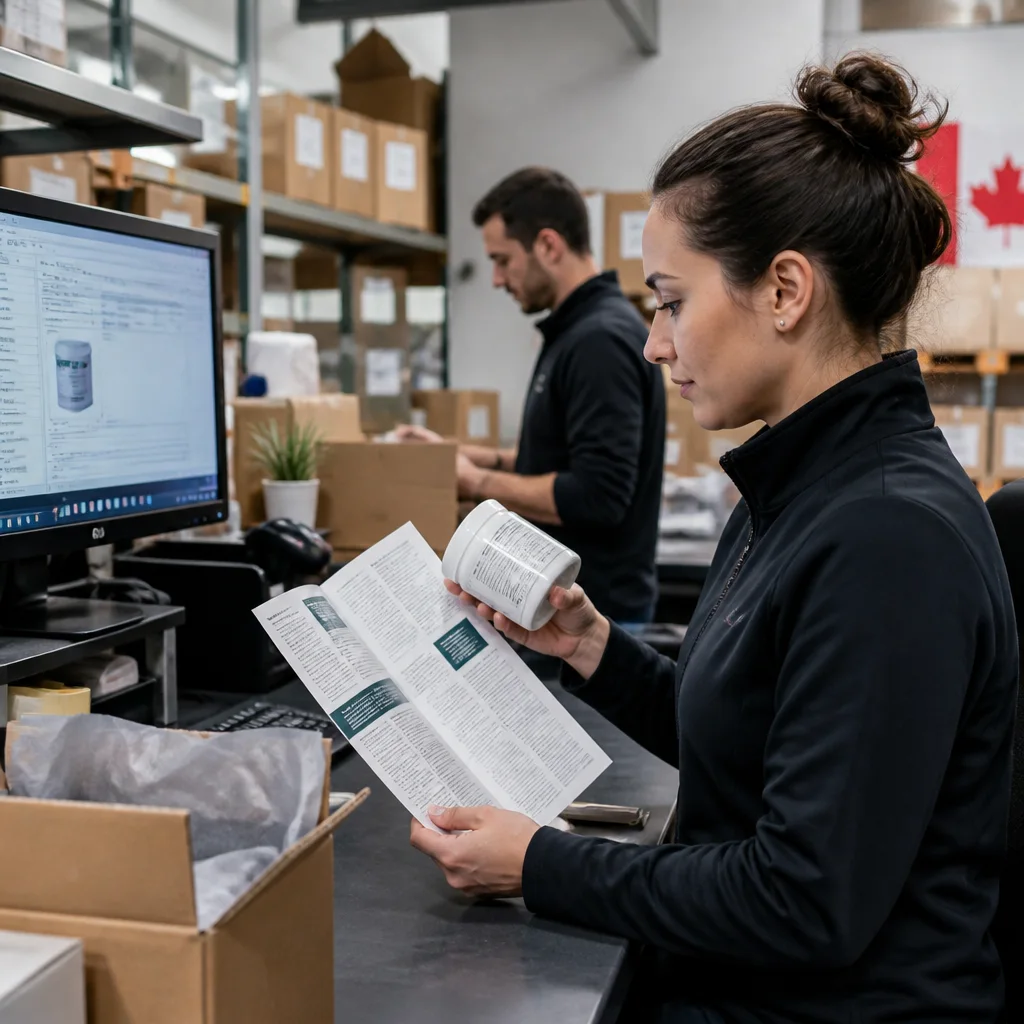 Fulfillment worker checking French packaging and order inserts for a Quebec shipment