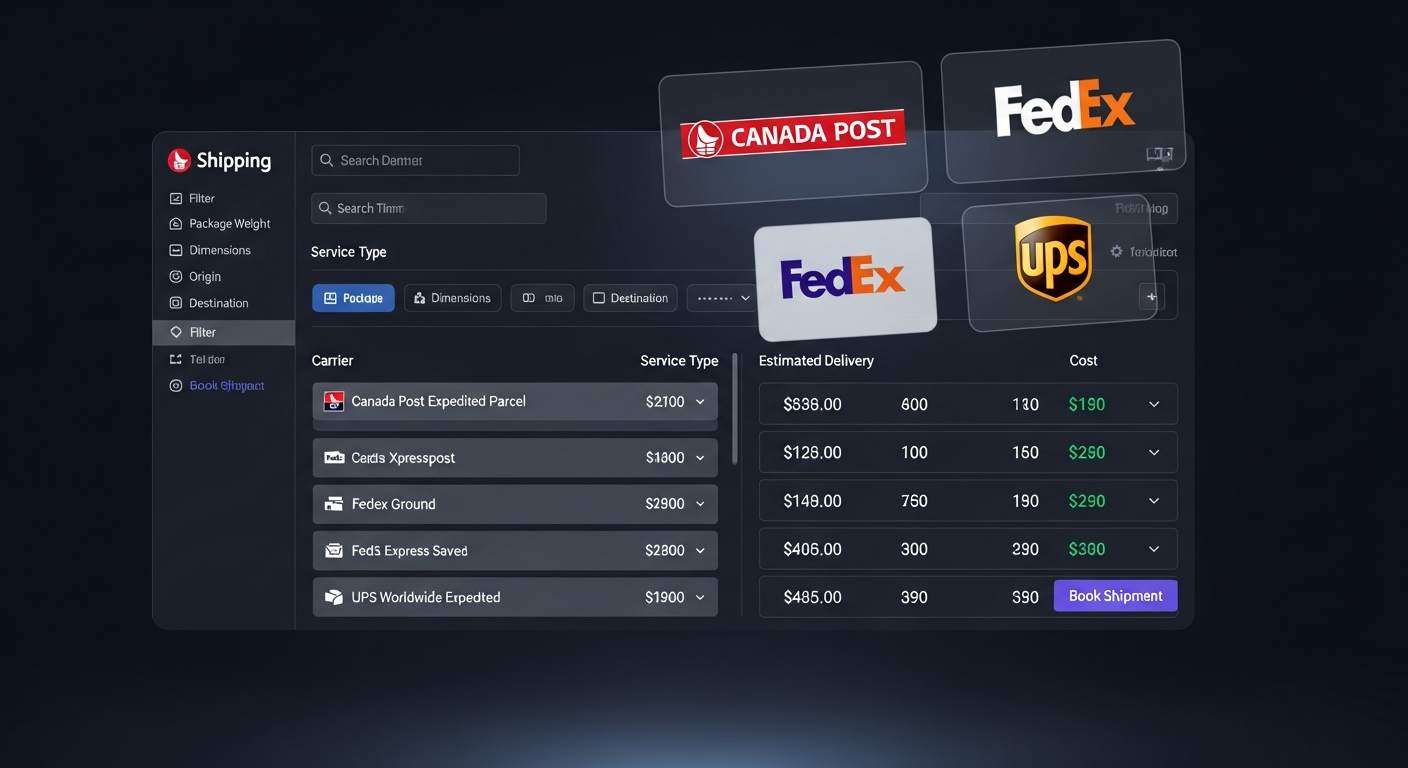 Multi-carrier rate shopping dashboard comparing shipping quotes for a Canadian e-commerce order
