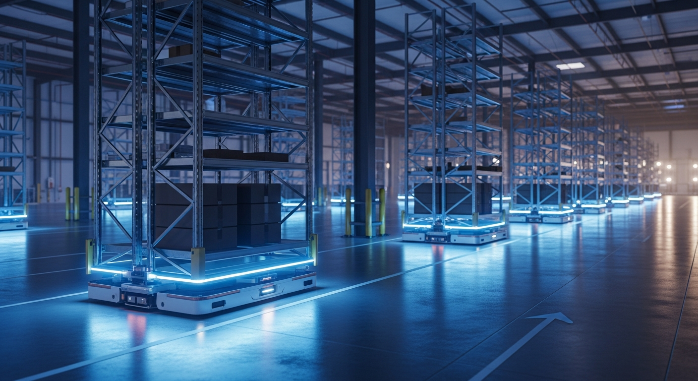 Autonomous mobile robots moving inventory in an AI-assisted Canadian fulfillment warehouse