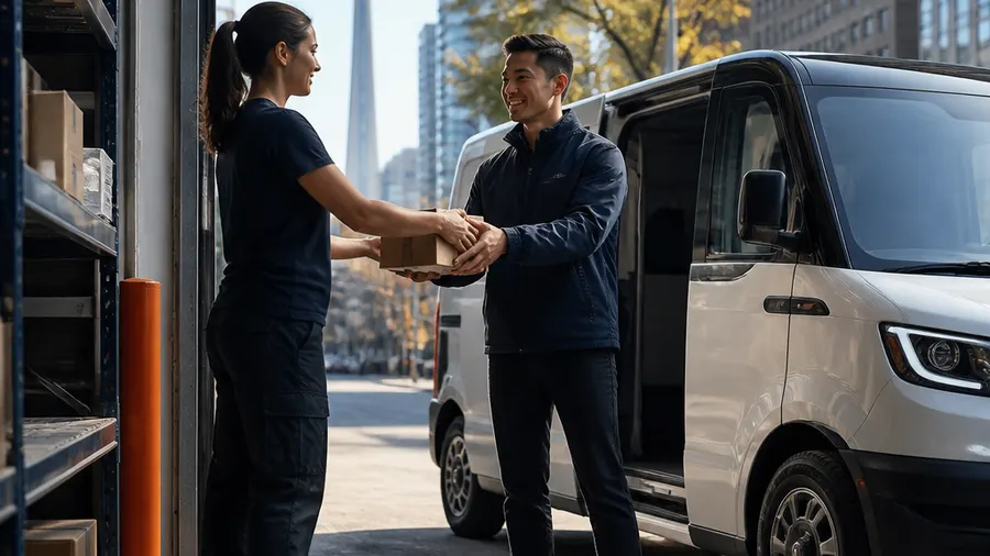 Courier receives a parcel for same-day delivery beside a van in a Canadian city