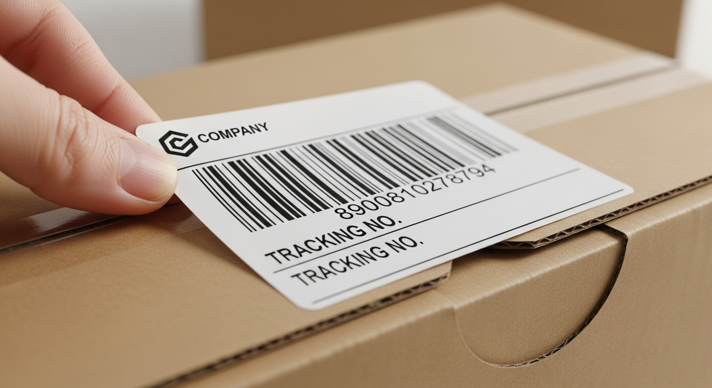 Close-up of a shipping label and invoice line items