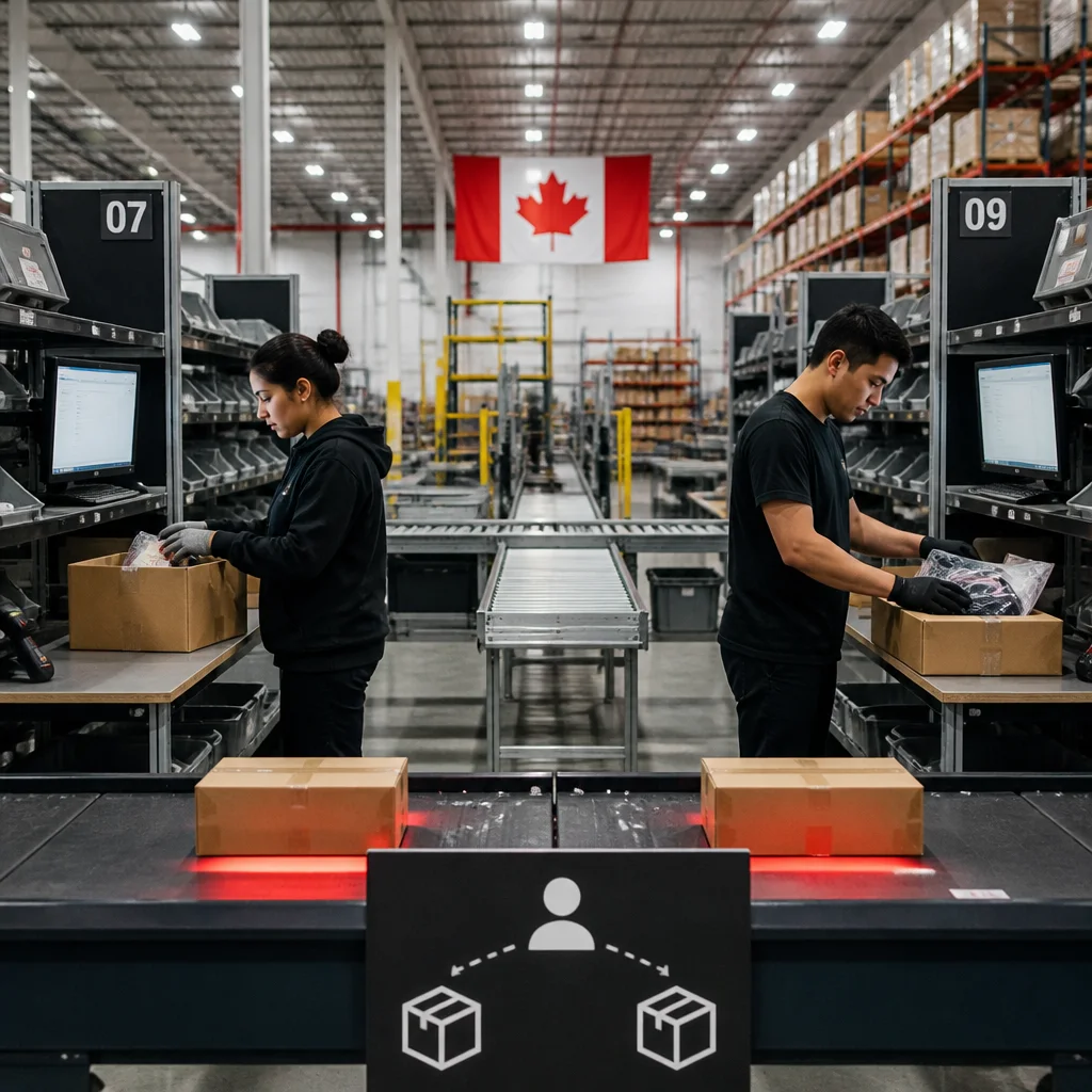 Warehouse team coordinating a Canadian ecommerce order across multiple inventory locations