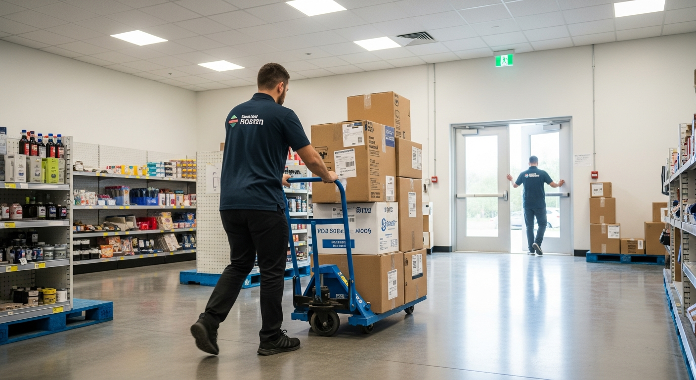 Canadian retail replenishment cartons prepared by store and delivery route