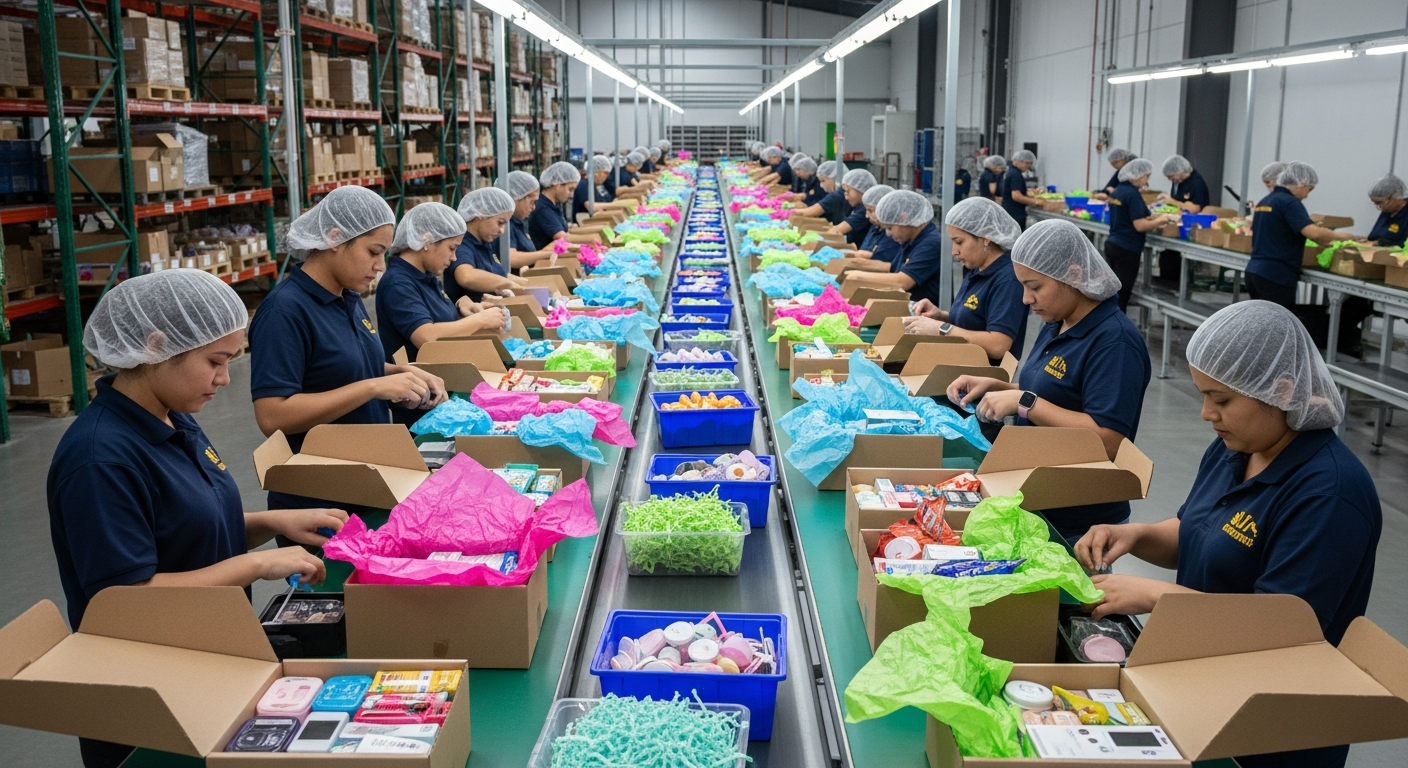 Beauty product kitting and assembly station in a GTA fulfillment centre
