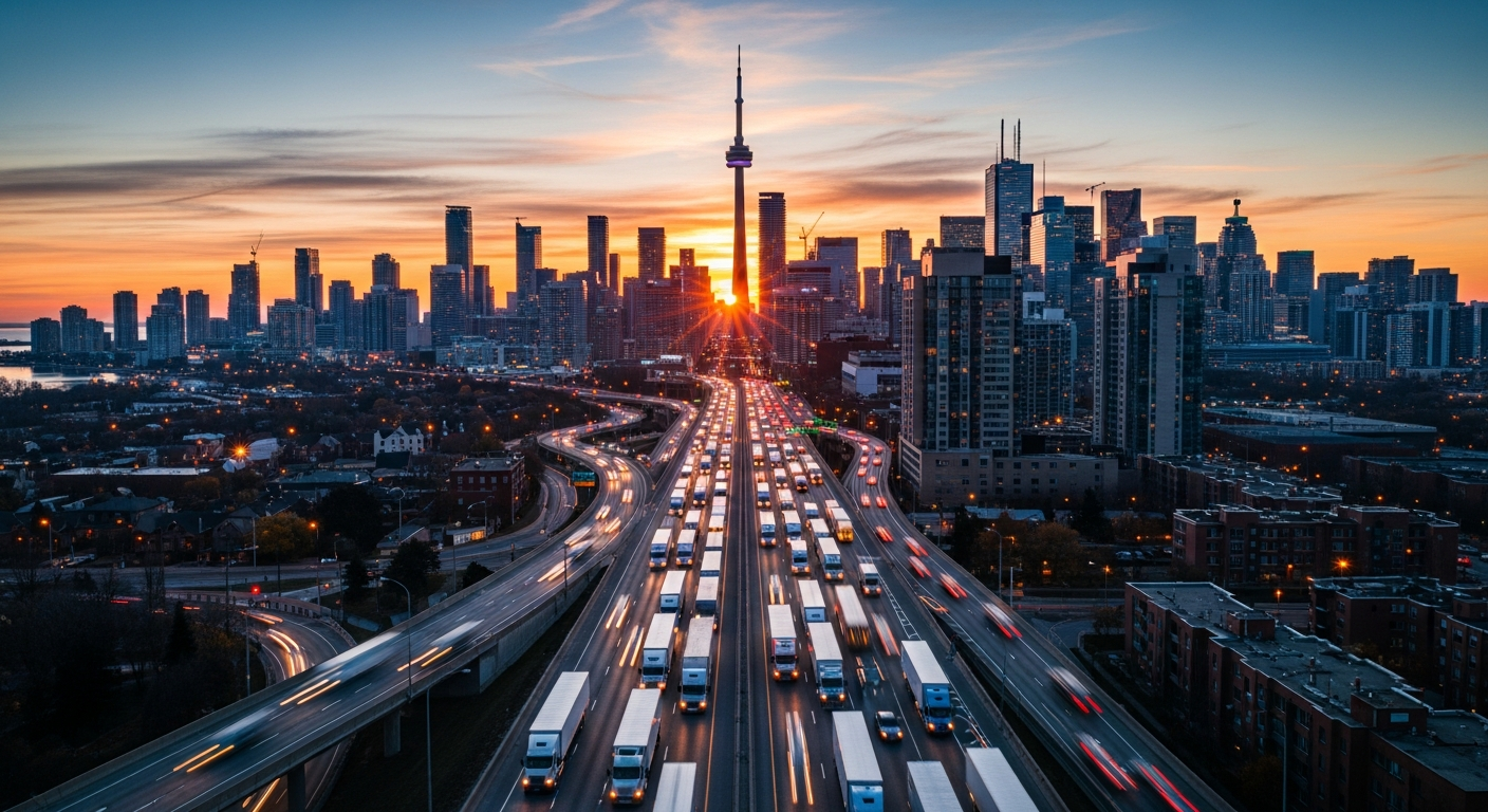 Toronto skyline with the GTA industrial logistics corridor in the foreground