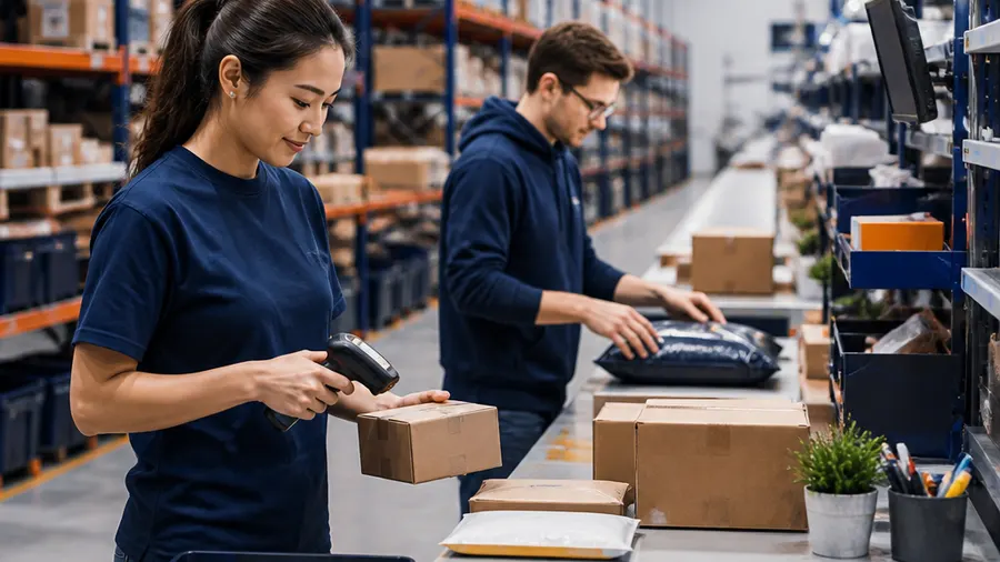 Warehouse workers pack ecommerce orders on a parcel conveyor at a fulfillment centre