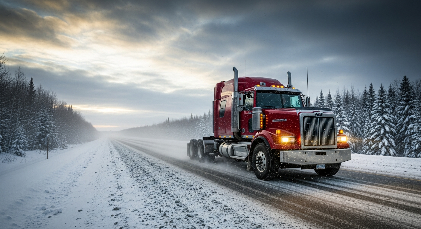 Full truckload tractor-trailer on a Canadian highway in winter