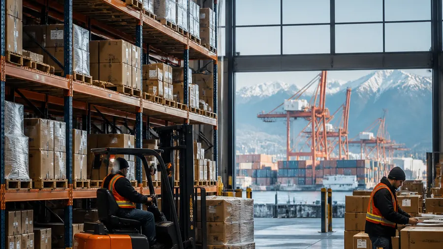 Vancouver fulfillment warehouse with inventory racks, forklift and port cranes beyond the loading area