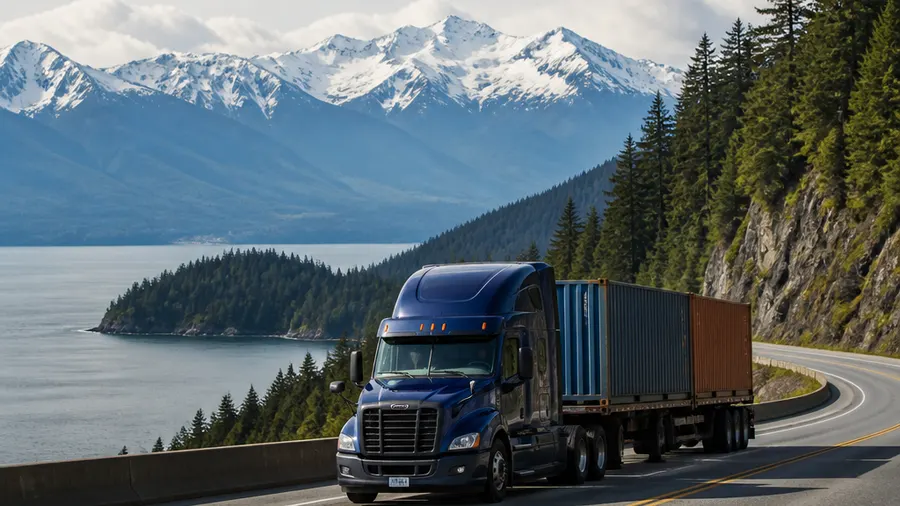 Freight truck travels along a Pacific Coast highway through mountainous terrain