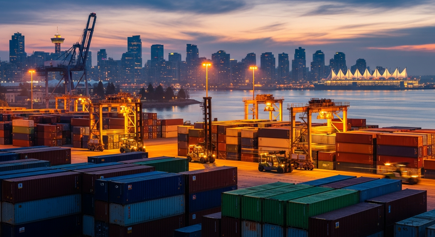 Container freight at the Port of Vancouver with mountains behind