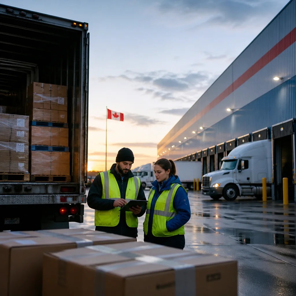 Warehouse team preparing a scheduled Canadian 3PL inbound delivery with labelled pallets