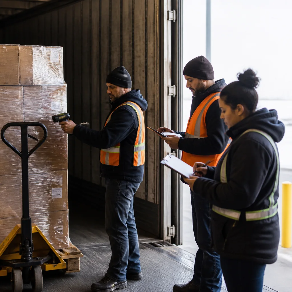 Warehouse operator reconciling sealed cartons during a Canadian 3PL site transfer