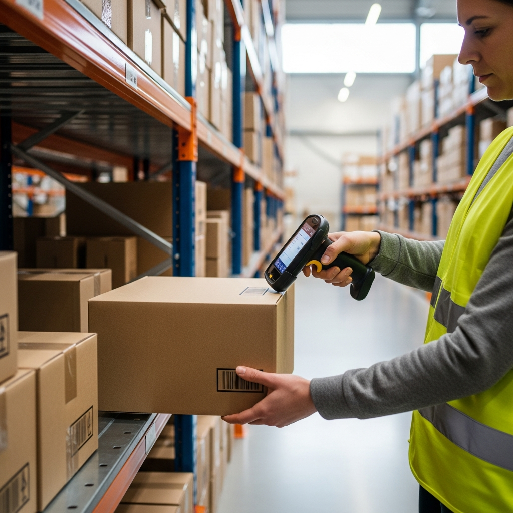 Warehouse associate scanning items at a pick-and-pack station