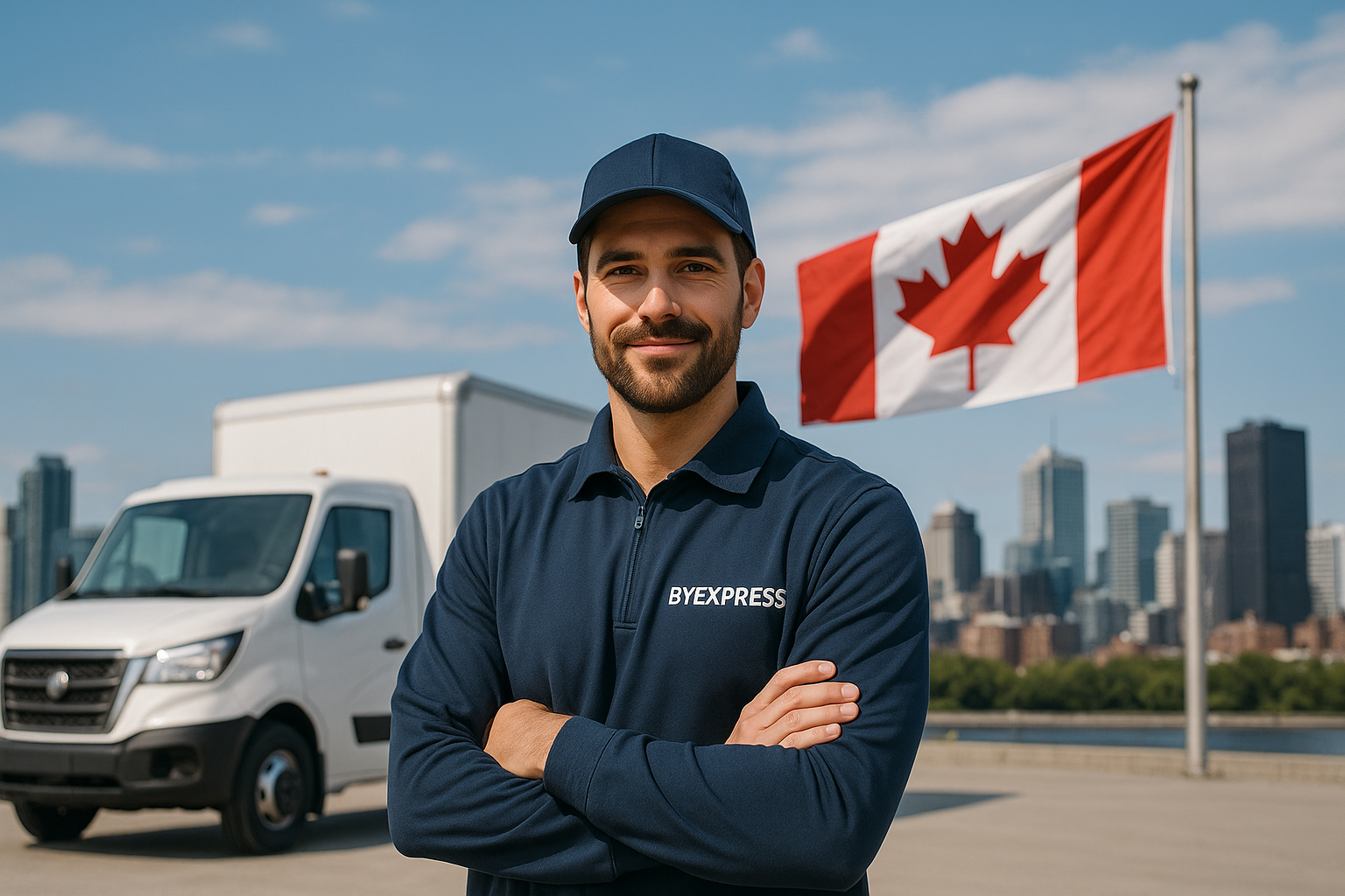 A ByExpress delivery professional standing in front of a truck with the Canadian flag and city skyline in the background