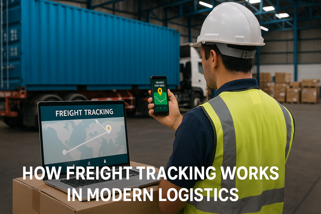 A logistics specialist uses digital freight tracking tools on a smartphone and laptop inside a warehouse.