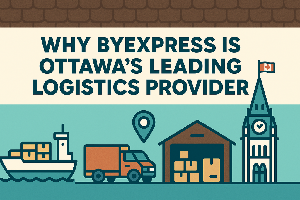 Ottawa logistics leader visual with ship, truck, warehouse, and Canadian Parliament