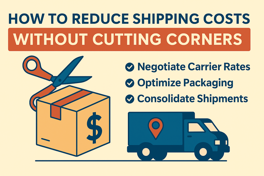 Shipping cost-saving tips visual showing carrier negotiation, packaging optimization, and shipment consolidation