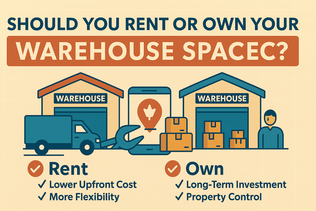 Warehouse ownership vs. rental decision visual with pros and cons