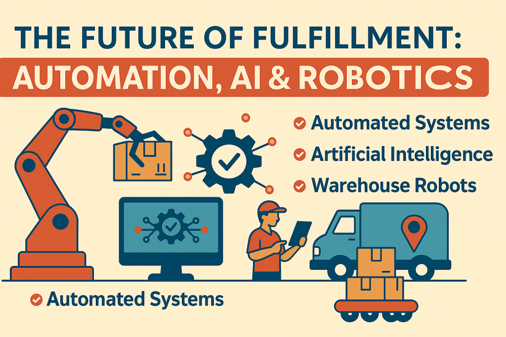 Logistics automation visual showing warehouse robots, AI integration, and automated systems