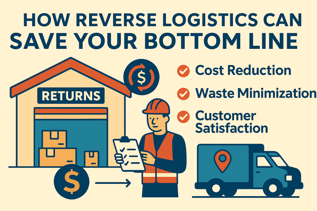 Reverse logistics benefits visual showing cost reduction, waste minimization, and customer satisfaction