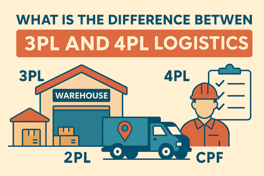 3PL vs 4PL logistics visual comparison with truck, warehouse, and coordinator icons