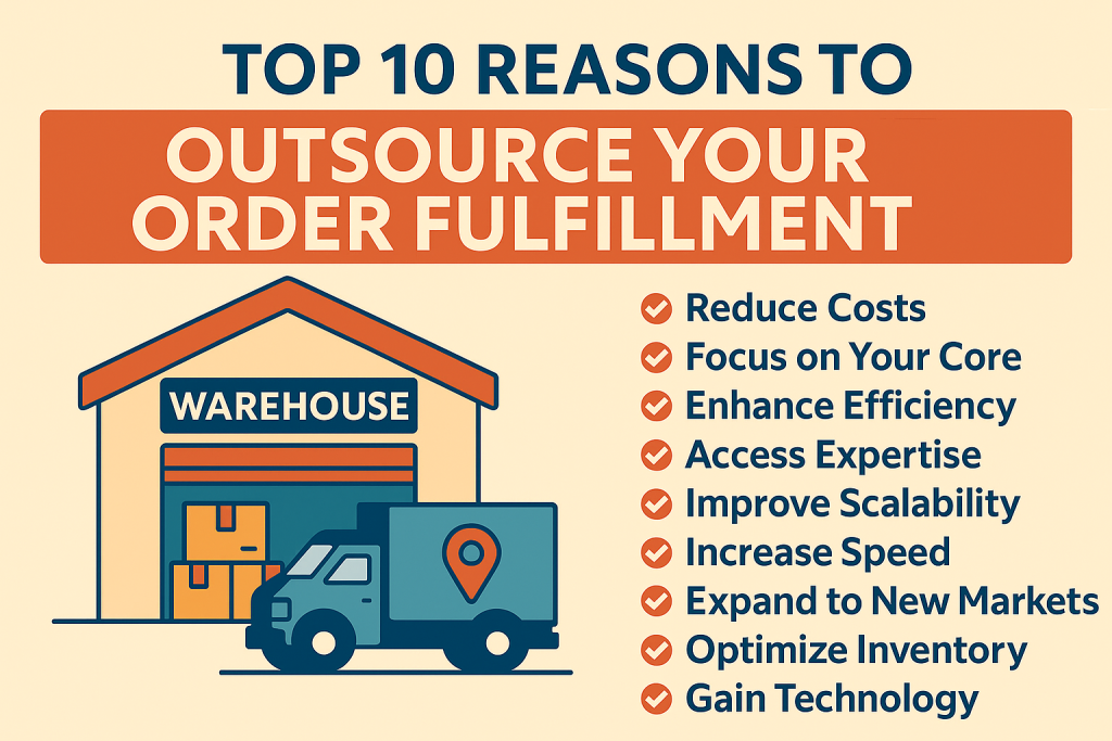 Benefits of outsourcing fulfillment visual with delivery and storage icons